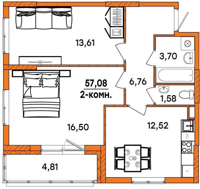 Планировка 2-комн. квартира, 57.08 м² ЖК «Юность» Планировка 2-комн. квартира, 57.08 м² ЖК «Юность»