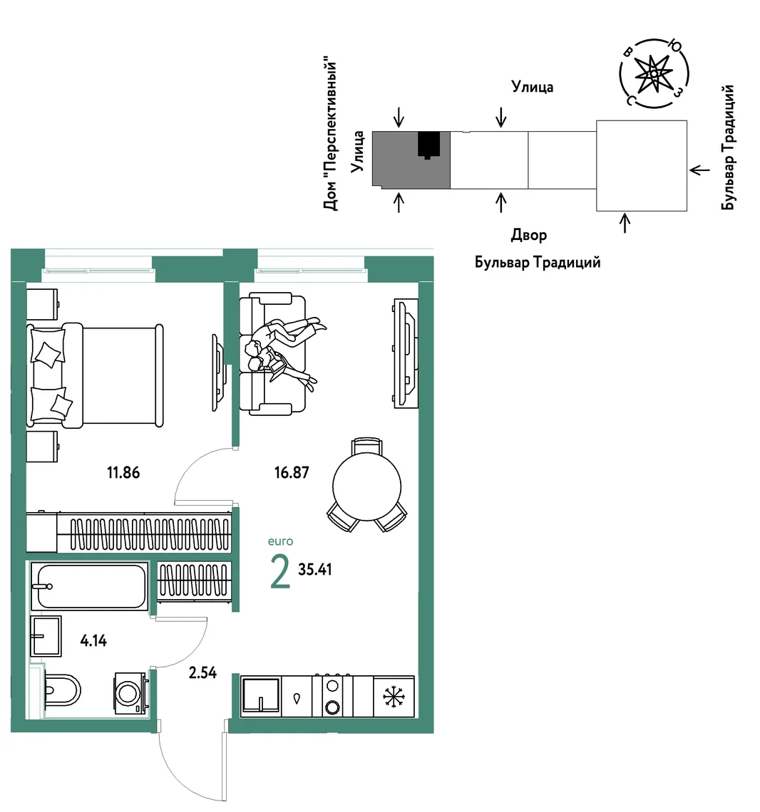 Планировка 2-комн. квартира, 35.41 м² ЖК «Микрорайон Домашний»