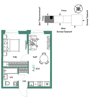 Планировка 2-комн. квартира, 35.41 м² ЖК «Микрорайон Домашний»