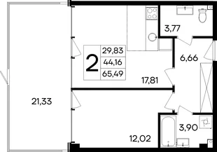 Планировка 2-комн. квартира, 65.49 м² Курортный кластер «САГА»