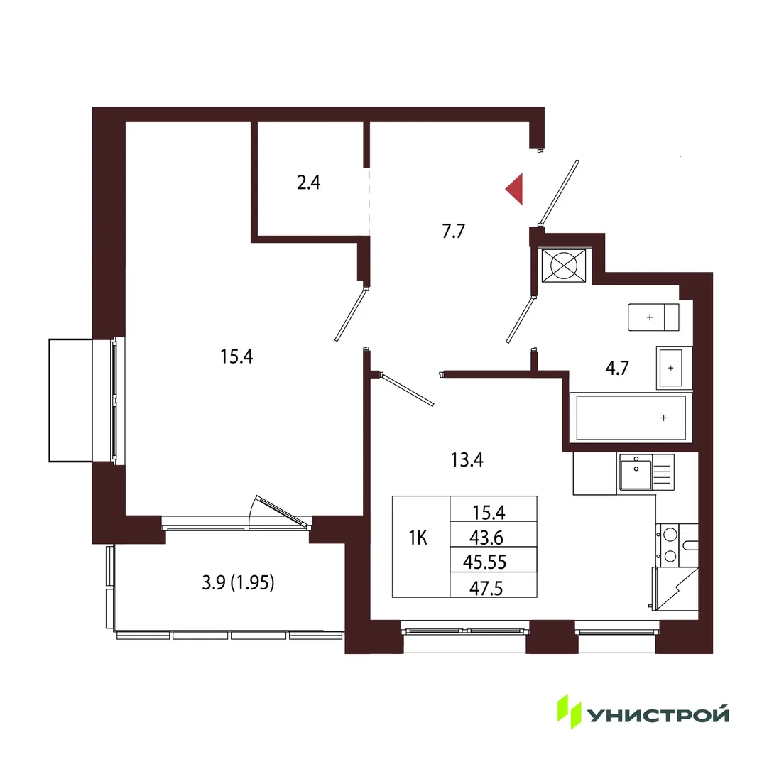 Планировка 1-комн. квартира, 45.55 м² ЖК «Лисино»