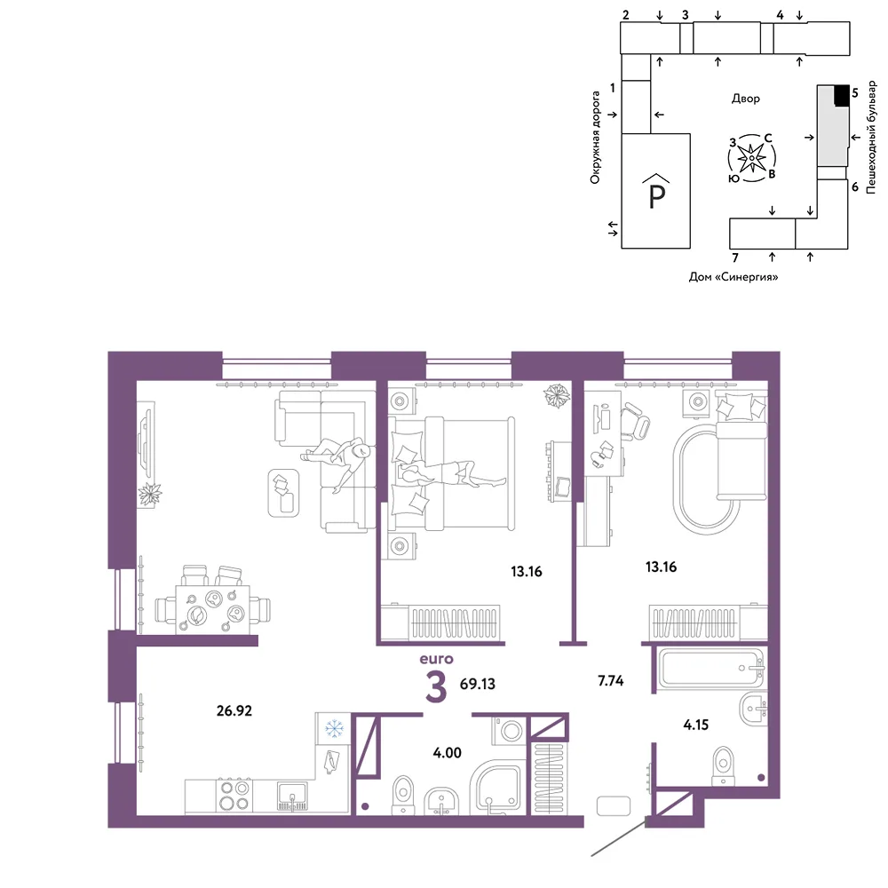 Планировка 3-комн. квартира, 69.13 м² ЖК «Юнион»