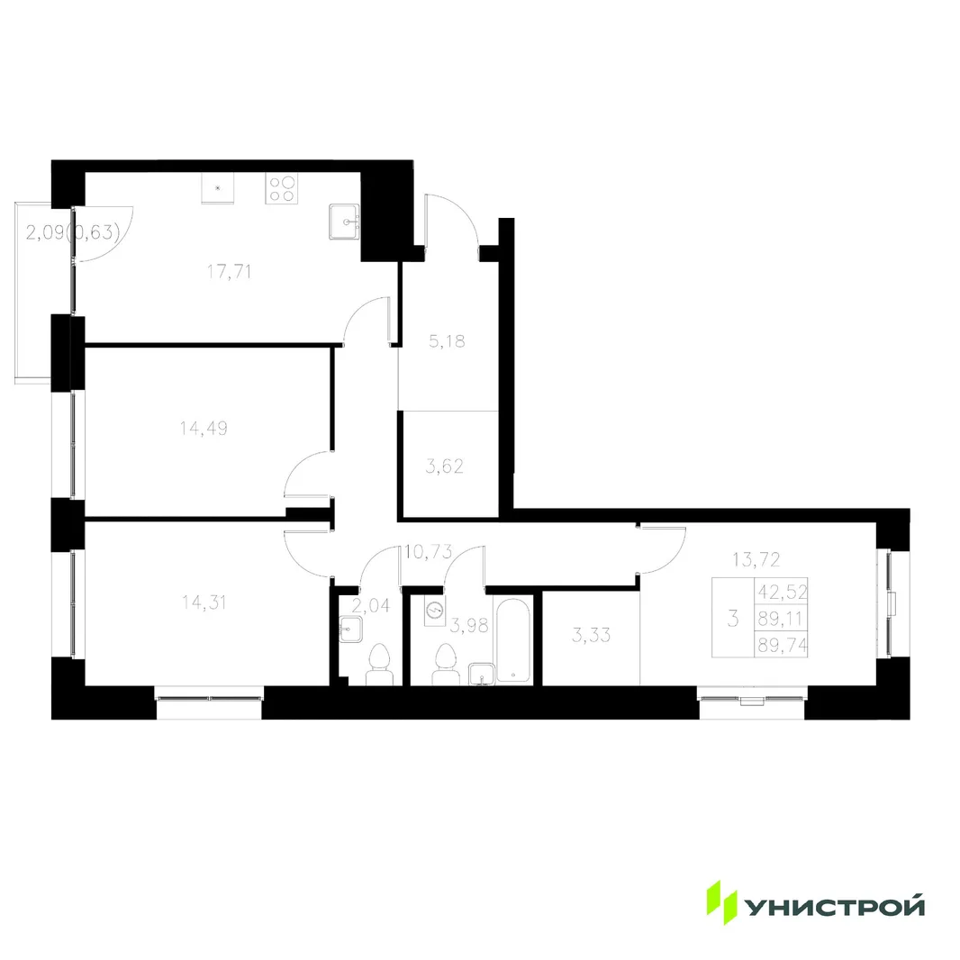 Планировка 3-комн. квартира, 89.74 м² ЖК «Statum»