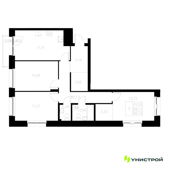 Планировка 3-комн. квартира, 89.74 м² ЖК «Statum» Планировка 3-комн. квартира, 89.74 м² ЖК «Statum»