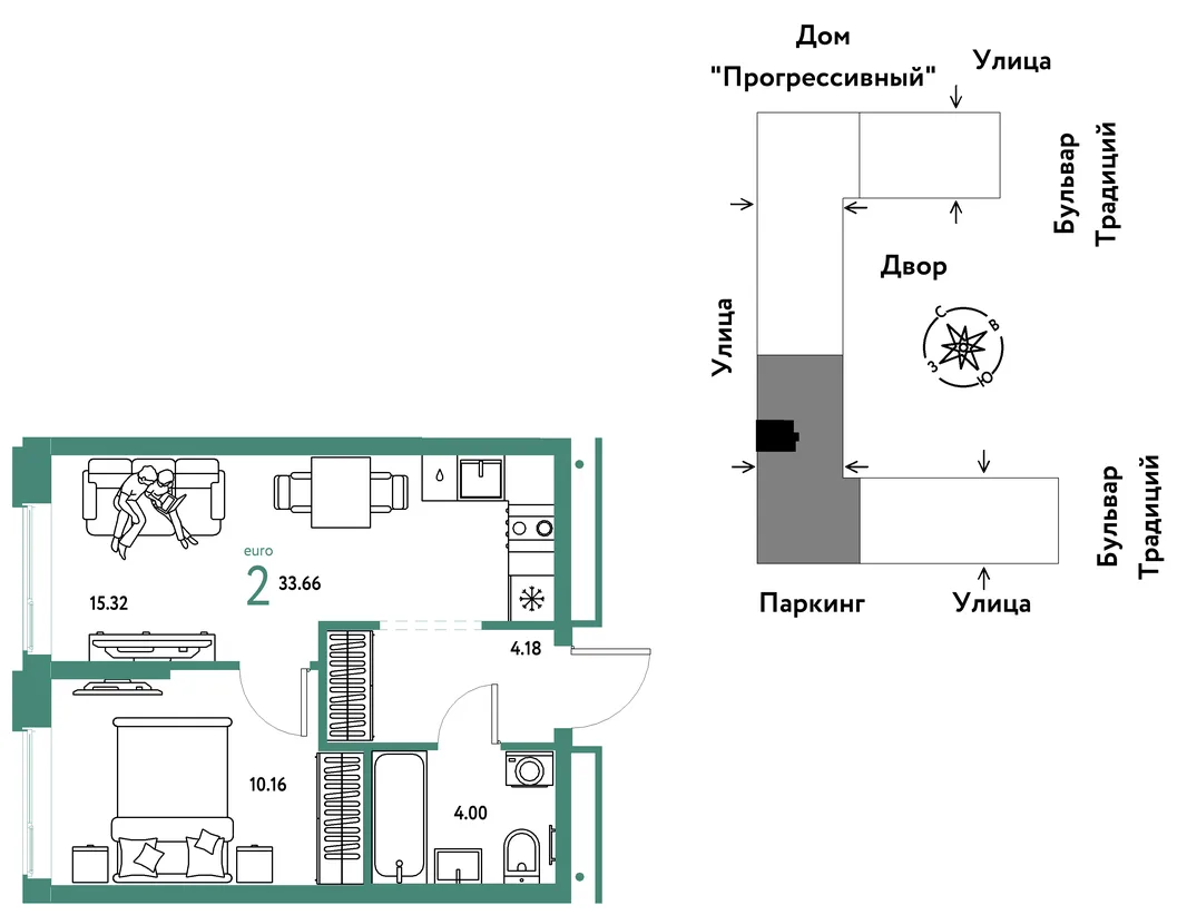 Планировка 2-комн. квартира, 33.66 м² ЖК «Микрорайон Домашний»