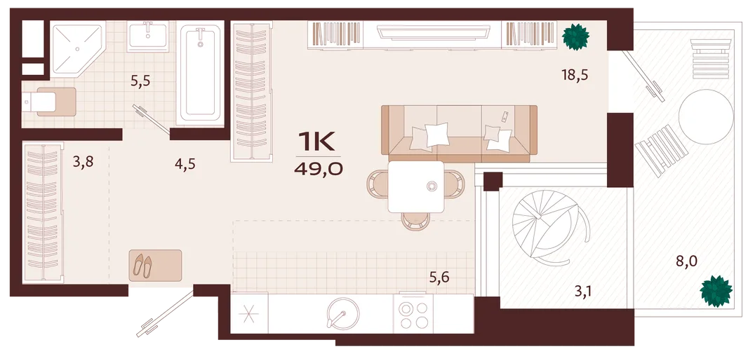 Планировка 1-комн. квартира, 49 м² ЖК «Роялта»