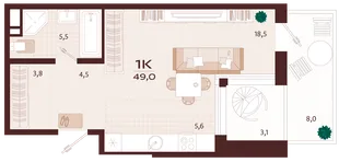 Планировка 1-комн. квартира, 49 м² ЖК «Роялта»