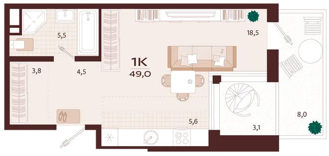 Планировка 1-комн. квартира, 49 м² ЖК «Роялта» Планировка 1-комн. квартира, 49 м² ЖК «Роялта»