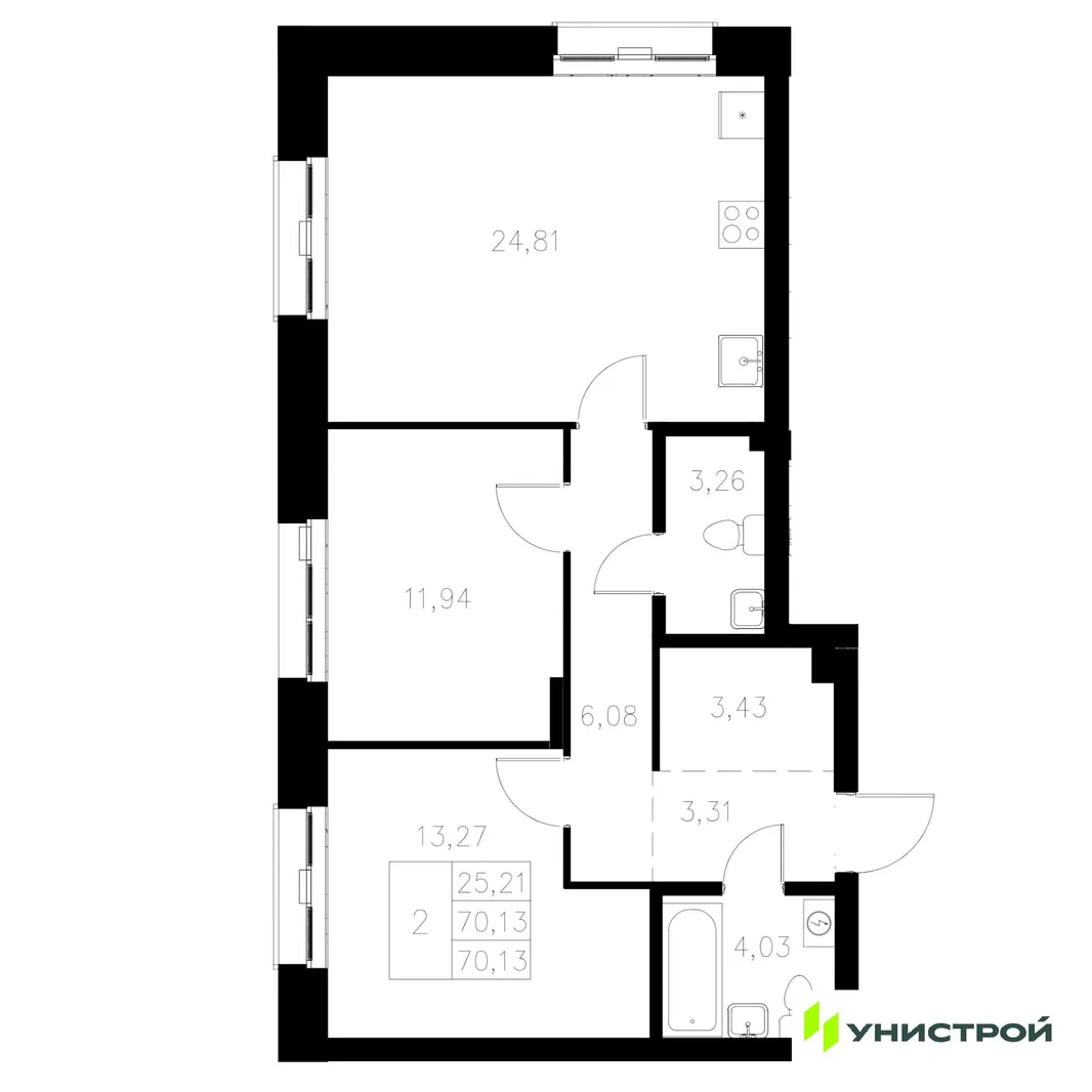 Планировка 2-комн. квартира, 70.13 м² ЖК «Statum»