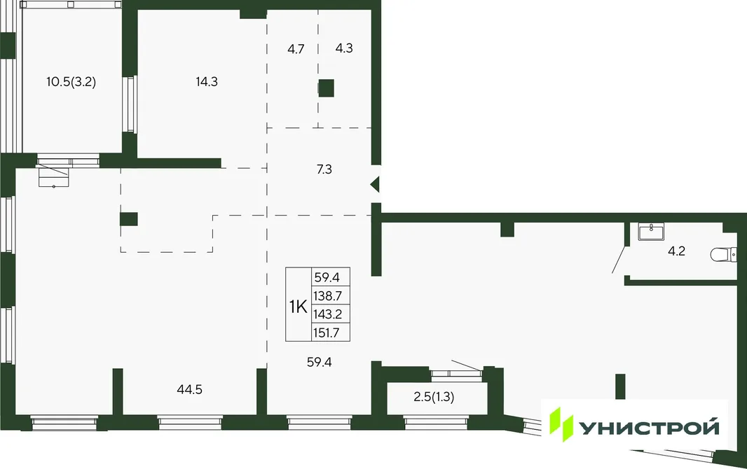 Планировка 1-комн. квартира, 143.2 м² ЖК «Парковый квартал 2.0»