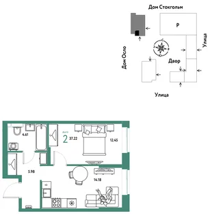 Планировка 2-комн. квартира, 37.22 м² ЖК «Европейский берег 2.0»