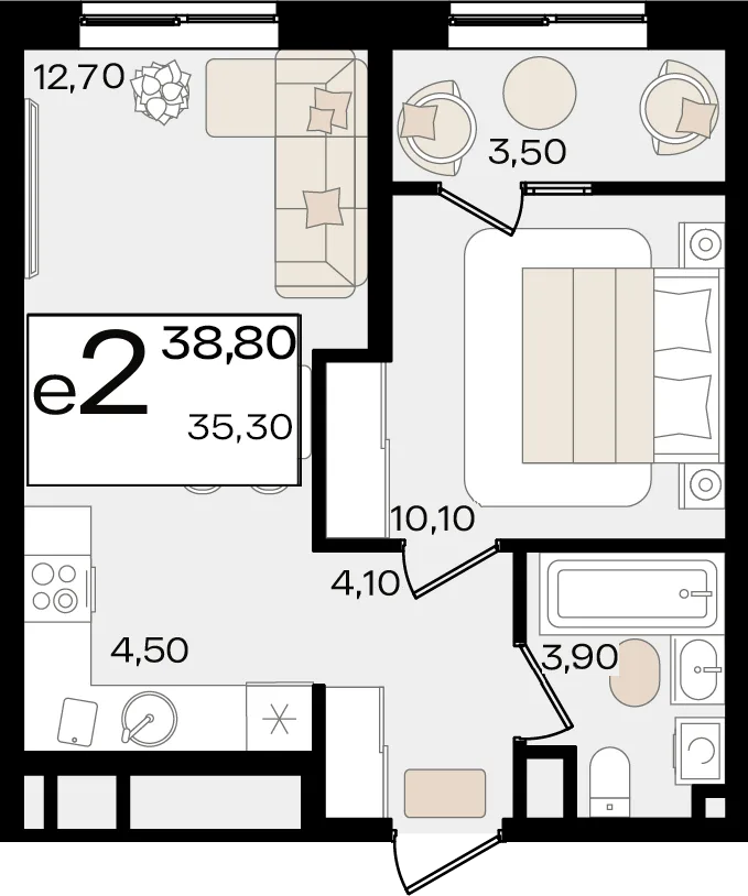 Планировка 2-комн. квартира, 38.8 м² ЖК «Патрики»