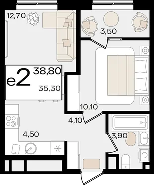 Планировка 2-комн. квартира, 38.8 м² ЖК «Патрики»