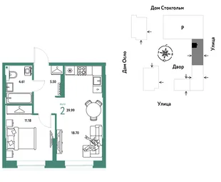 Планировка 2-комн. квартира, 39.99 м² ЖК «Европейский берег 2.0»