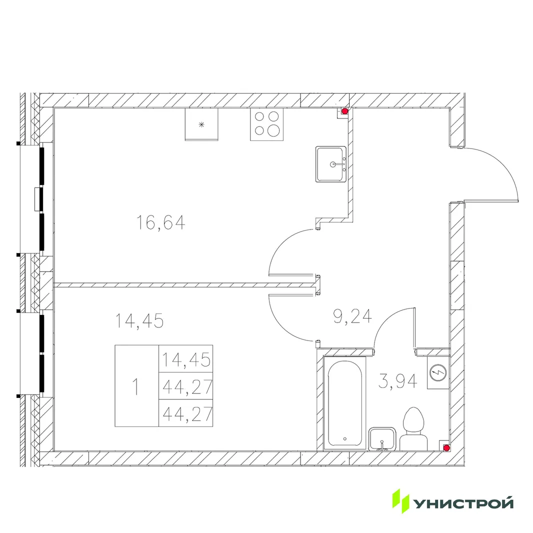 Планировка 1-комн. квартира, 44.27 м² ЖК «Statum»