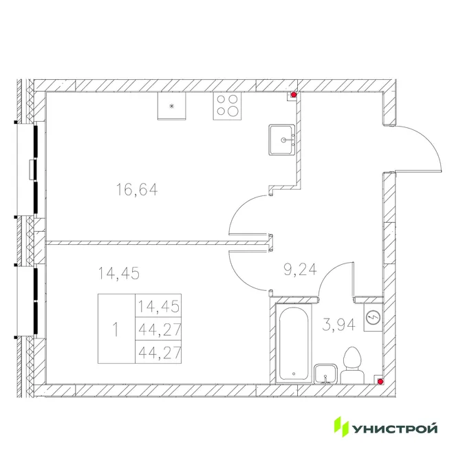 Планировка 1-комн. квартира, 44.27 м² ЖК «Statum»