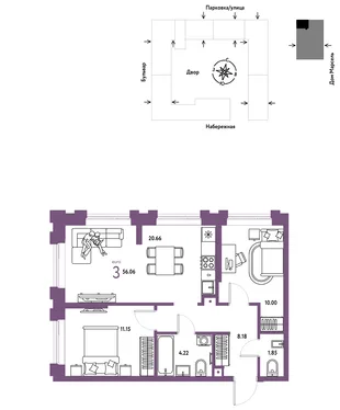 Планировка 3-комн. квартира, 56.06 м² ЖК «Европейский берег 2.0»