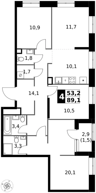 Квартира 4-комн. квартира, 89.1 м² ЖК «1-й Измайловский» Фото 1