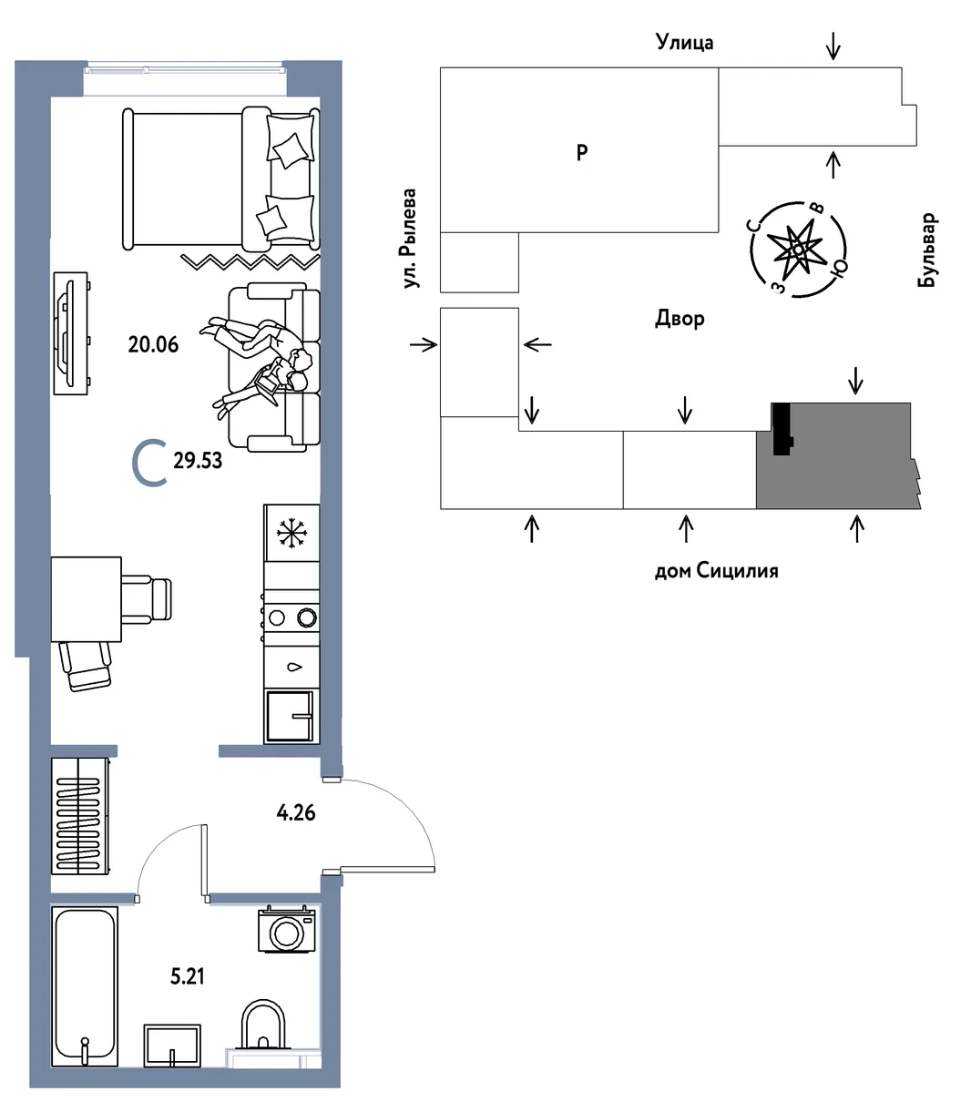 Планировка Студия, 29.53 м² ЖК «Остров-сад»