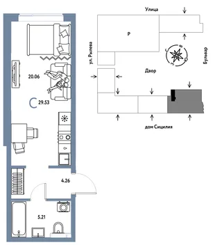Планировка Студия, 29.53 м² ЖК «Остров-сад»