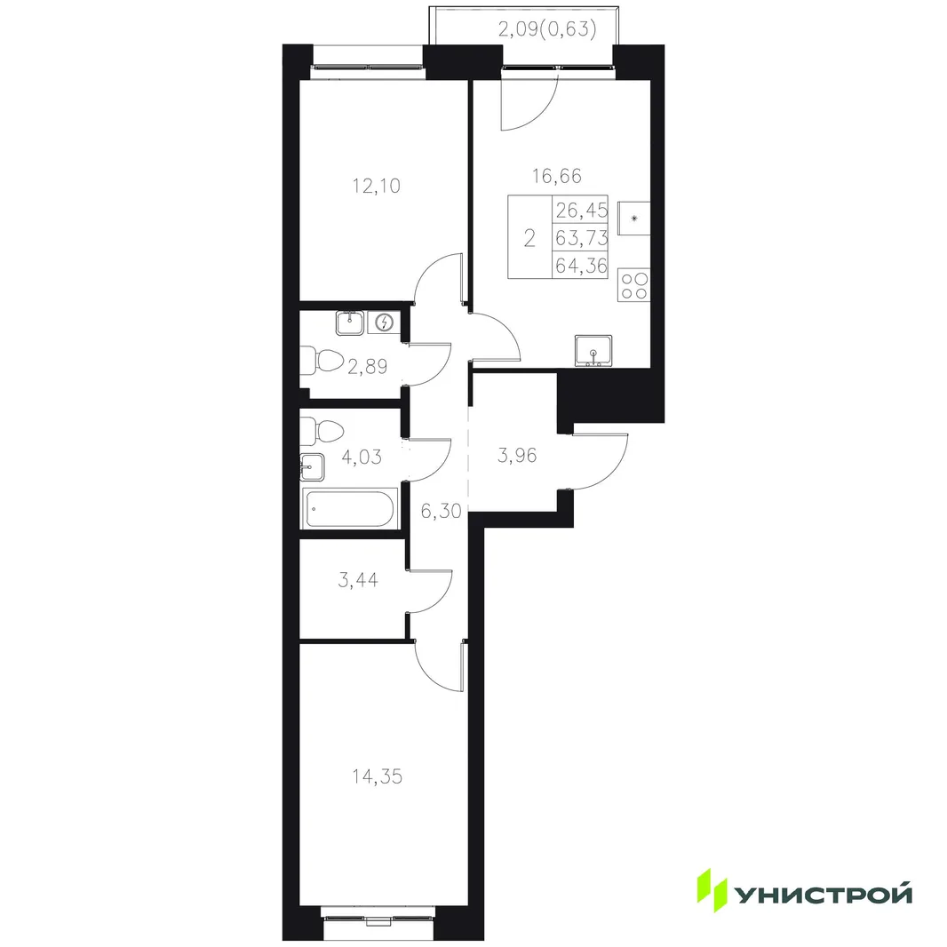 Планировка 2-комн. квартира, 64.36 м² ЖК «Statum»