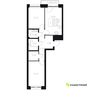 Планировка 2-комн. квартира, 64.36 м² ЖК «Statum»