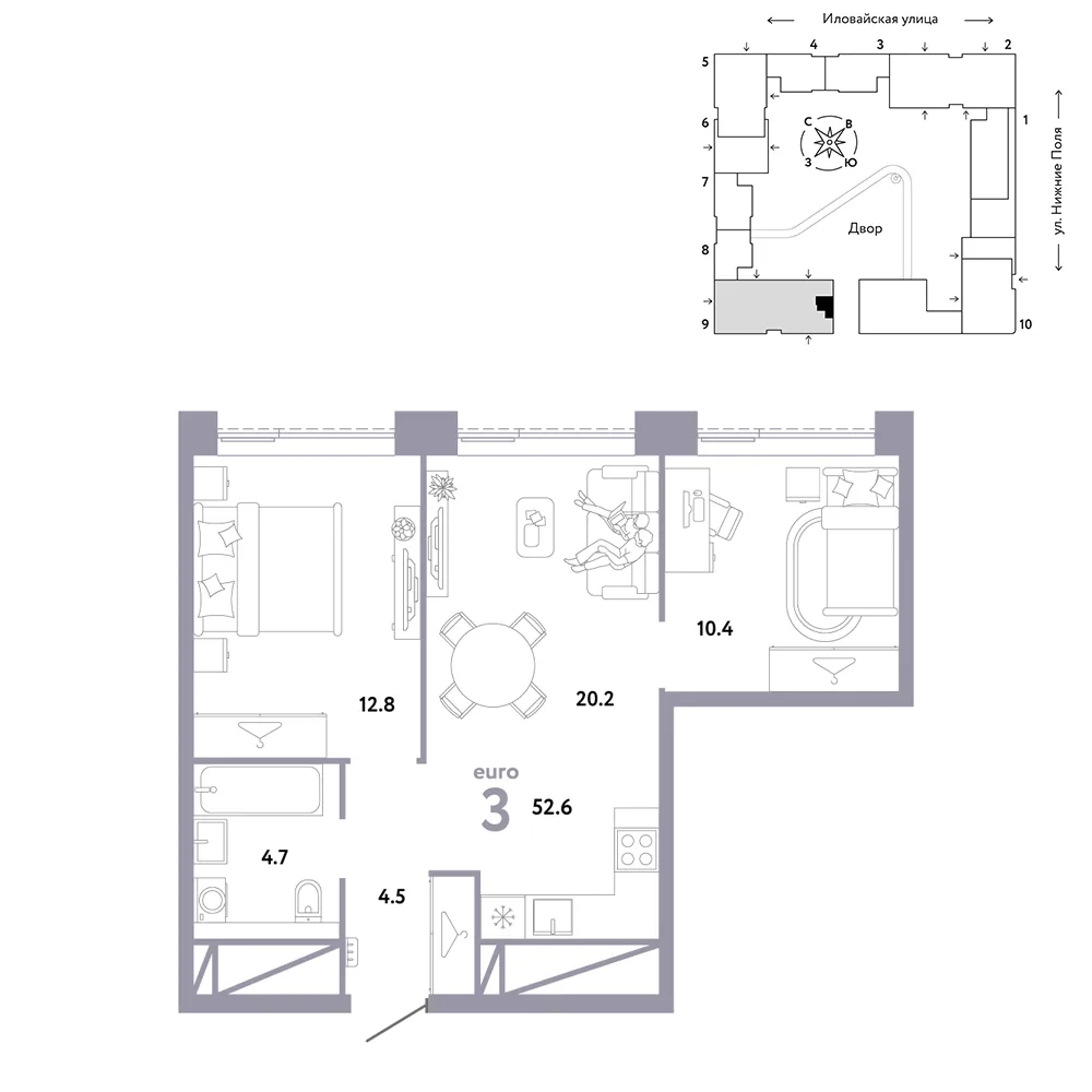 Планировка 3-комн. квартира, 52.6 м² ЖК «Страна.Заречная»