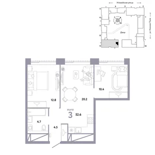 Планировка 3-комн. квартира, 52.6 м² ЖК «Страна.Заречная»