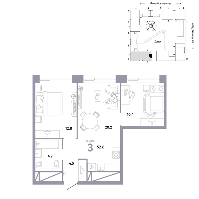 Планировка 3-комн. квартира, 52.6 м² ЖК «Страна.Заречная»