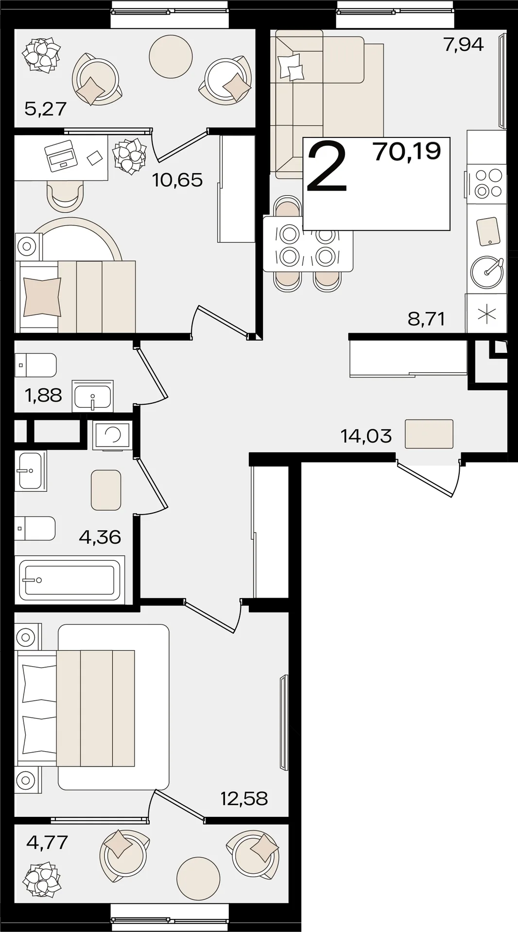 Планировка 3-комн. квартира, 70.19 м² ЖК «Патрики»