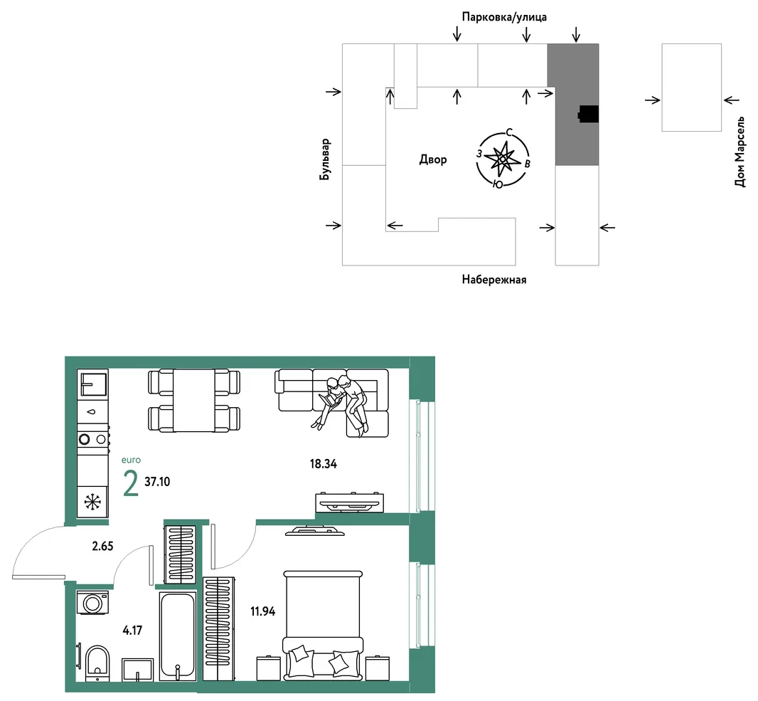 Планировка 2-комн. квартира, 37.1 м² ЖК «Европейский берег 2.0»