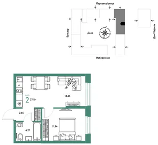 Планировка 2-комн. квартира, 37.1 м² ЖК «Европейский берег 2.0»