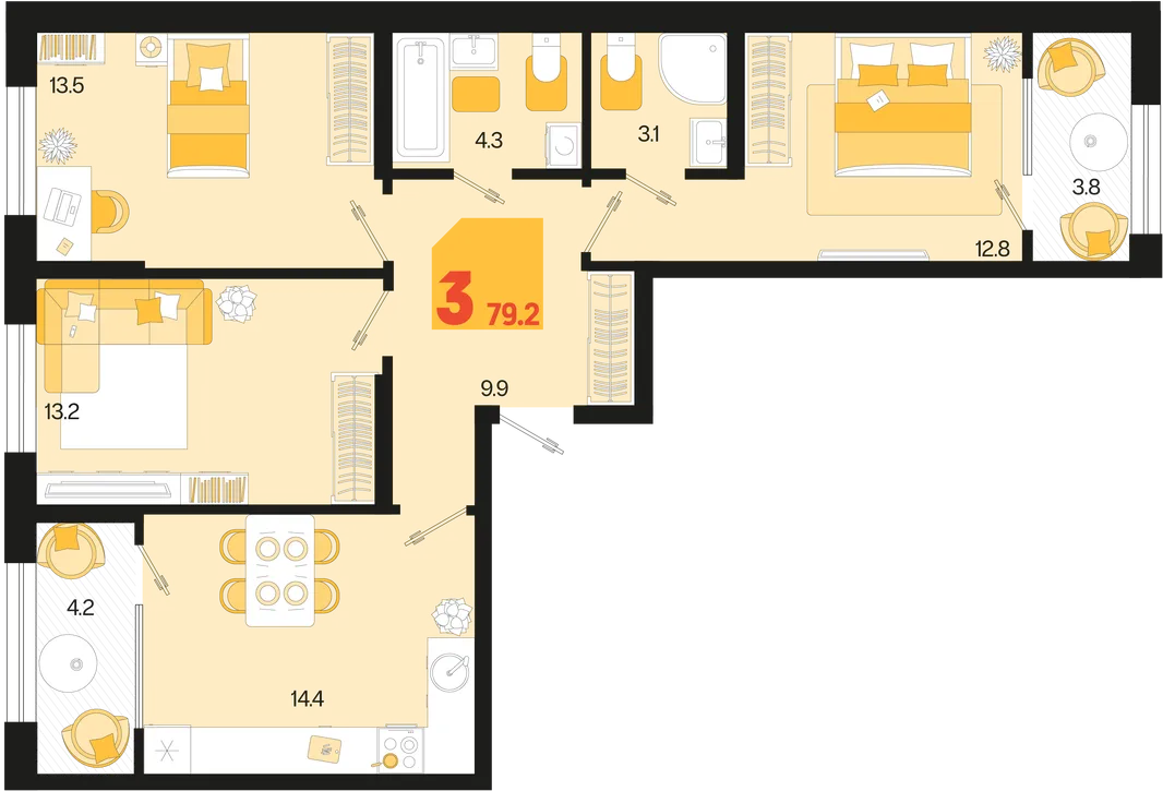 Планировка 3-комн. квартира, 79.2 м² ЖК «Первое место»