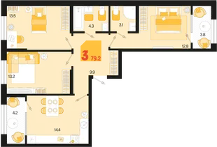 Планировка 3-комн. квартира, 79.2 м² ЖК «Первое место»