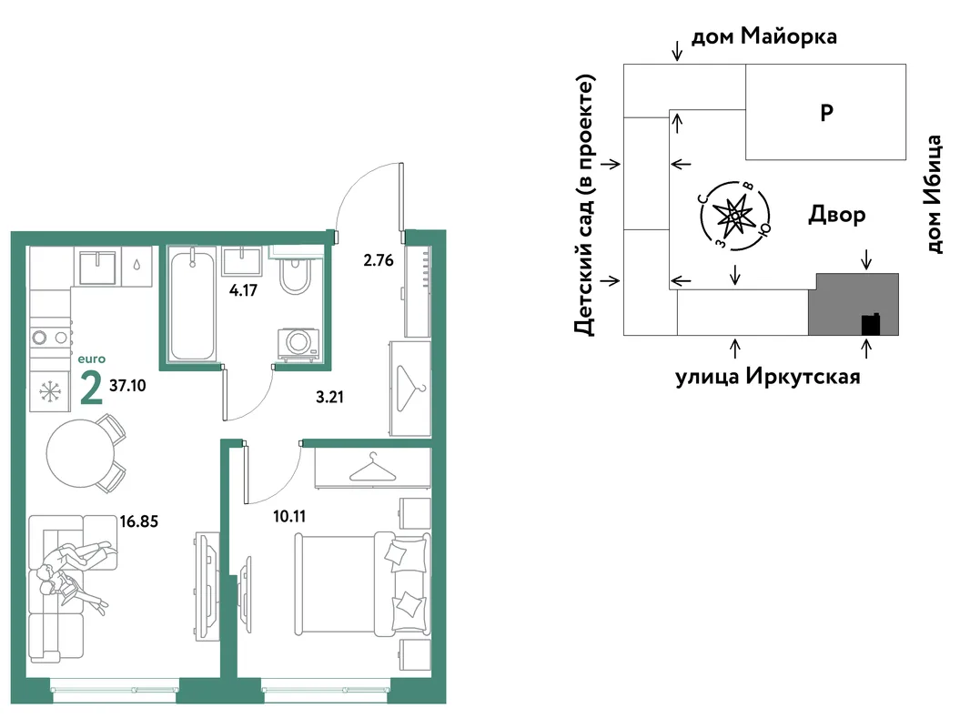 Планировка 2-комн. квартира, 37.1 м² ЖК «Остров-сад»