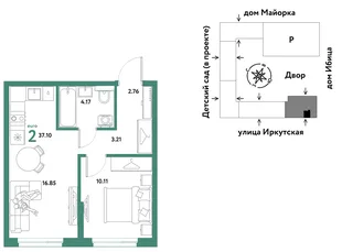 Планировка 2-комн. квартира, 37.1 м² ЖК «Остров-сад»
