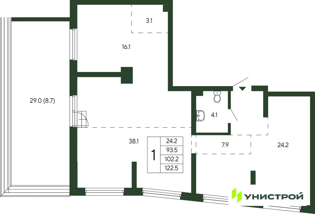 Планировка 1-комн. квартира, 102.2 м² ЖК «Парковый квартал 2.0»