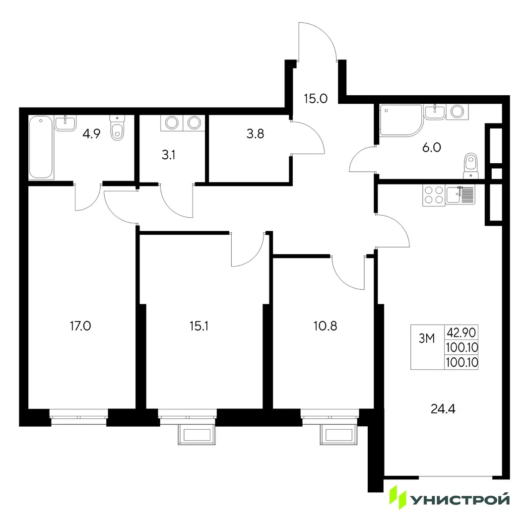 Планировка 3-комн. квартира, 100.1 м² ЖК «Стадиум»