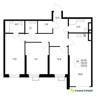 Планировка 3-комн. квартира, 100.1 м² ЖК «Стадиум»