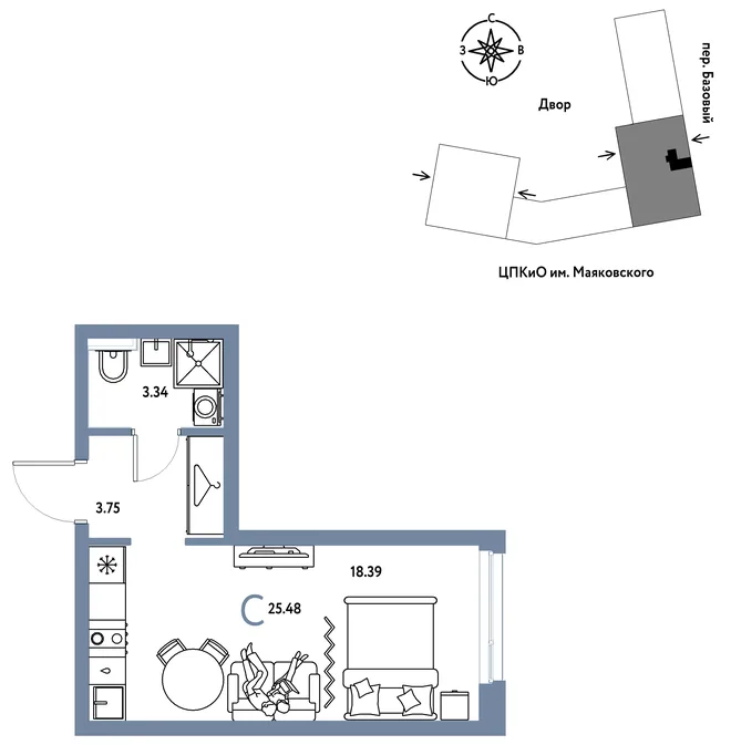 Планировка Студия, 25.48 м² ЖК «Сибирский сад»