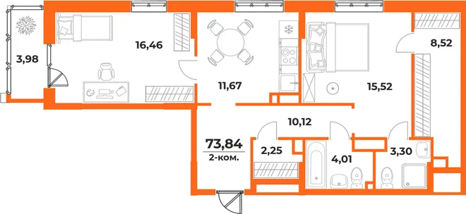 Планировка 2-комн. квартира, 73.84 м² ЖК «Живописный сад» Планировка 2-комн. квартира, 73.84 м² ЖК «Живописный сад»