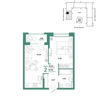 Планировка 2-комн. квартира, 36.52 м² ЖК «Микрорайон Домашний»
