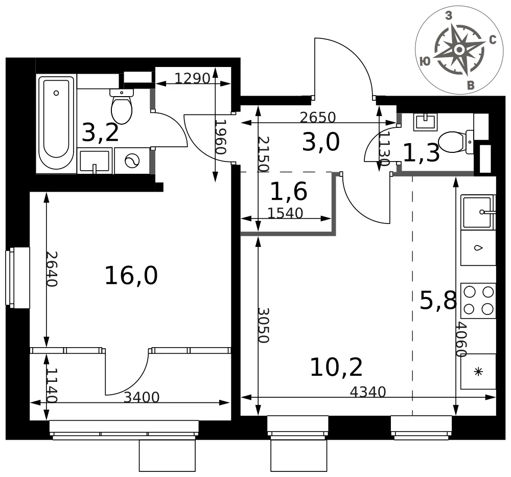 Планировка 2-комн. квартира, 41.1 м² ЖК «1-й Химкинский»
