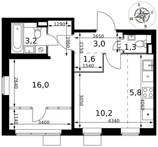 Планировка 2-комн. квартира, 41.1 м² ЖК «1-й Химкинский»