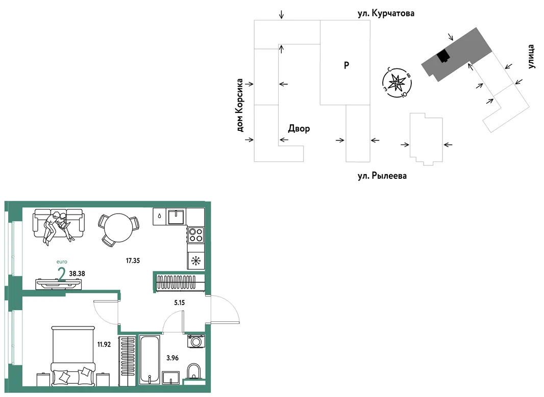 Планировка 2-комн. квартира, 38.71 м² ЖК «Остров-сад»