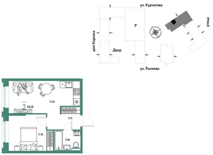 Планировка 2-комн. квартира, 38.71 м² ЖК «Остров-сад»
