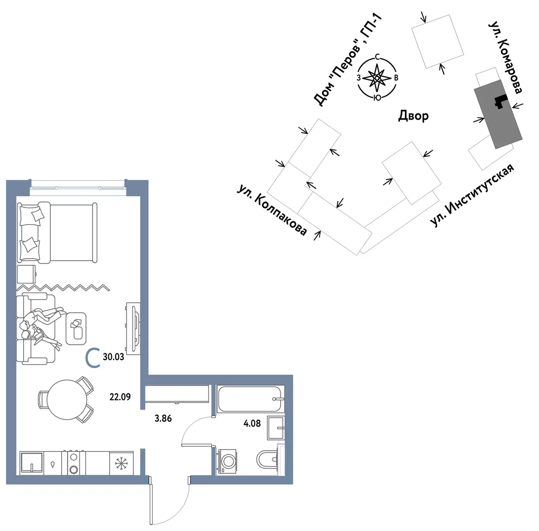 Планировка Студия, 30.03 м² ЖК «Страна.Парковая»