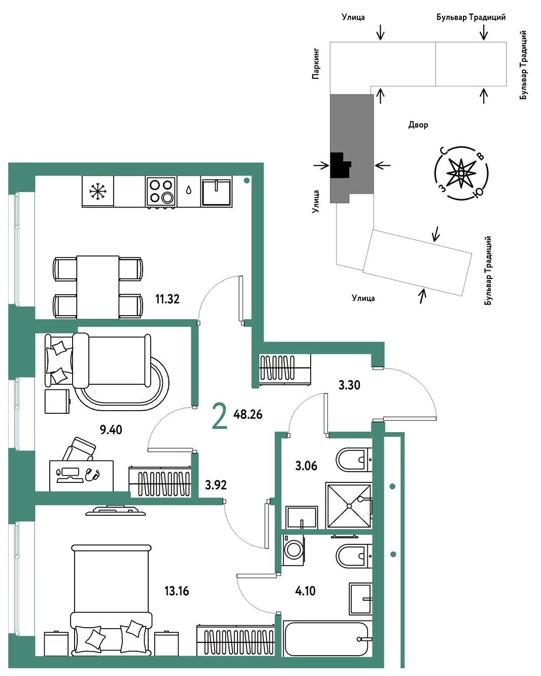 Планировка 2-комн. квартира, 48.26 м² ЖК «Микрорайон Домашний»