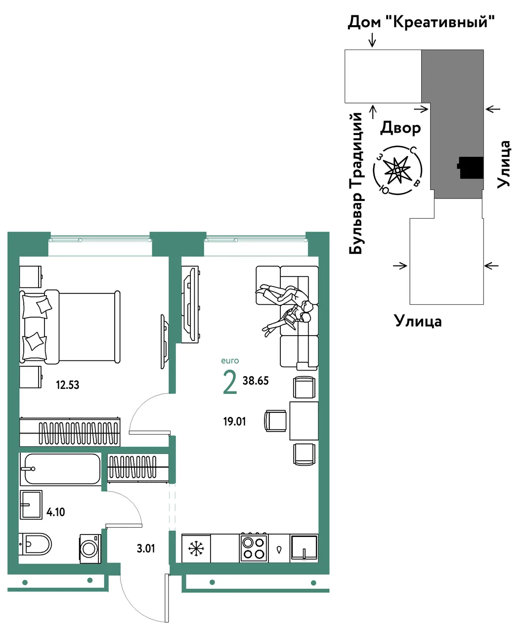 Планировка 2-комн. квартира, 38.65 м² ЖК «Микрорайон Домашний»