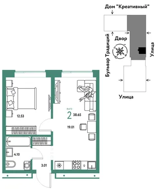 Планировка 2-комн. квартира, 38.65 м² ЖК «Микрорайон Домашний»